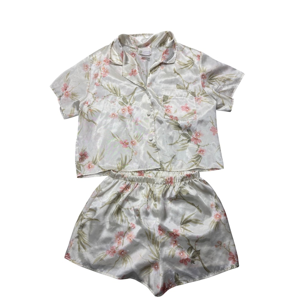 Vtg California Dynasty Womens Small Floral Pajama Set Top Shorts Satin Sleepwear